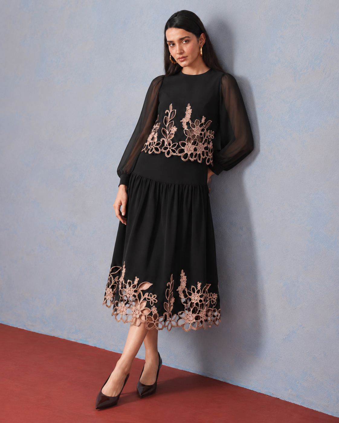 The Lumière Edit - The Vesper Noir Cutwork Embroidered Skirt Set
