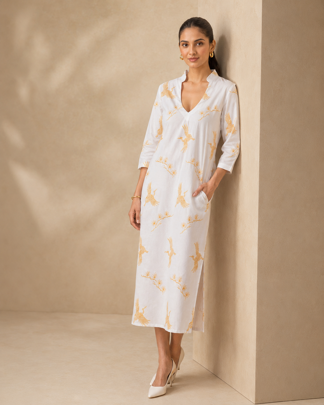 Sunset Soiree - The Gilded Crane White V-Neck Tunic Dress