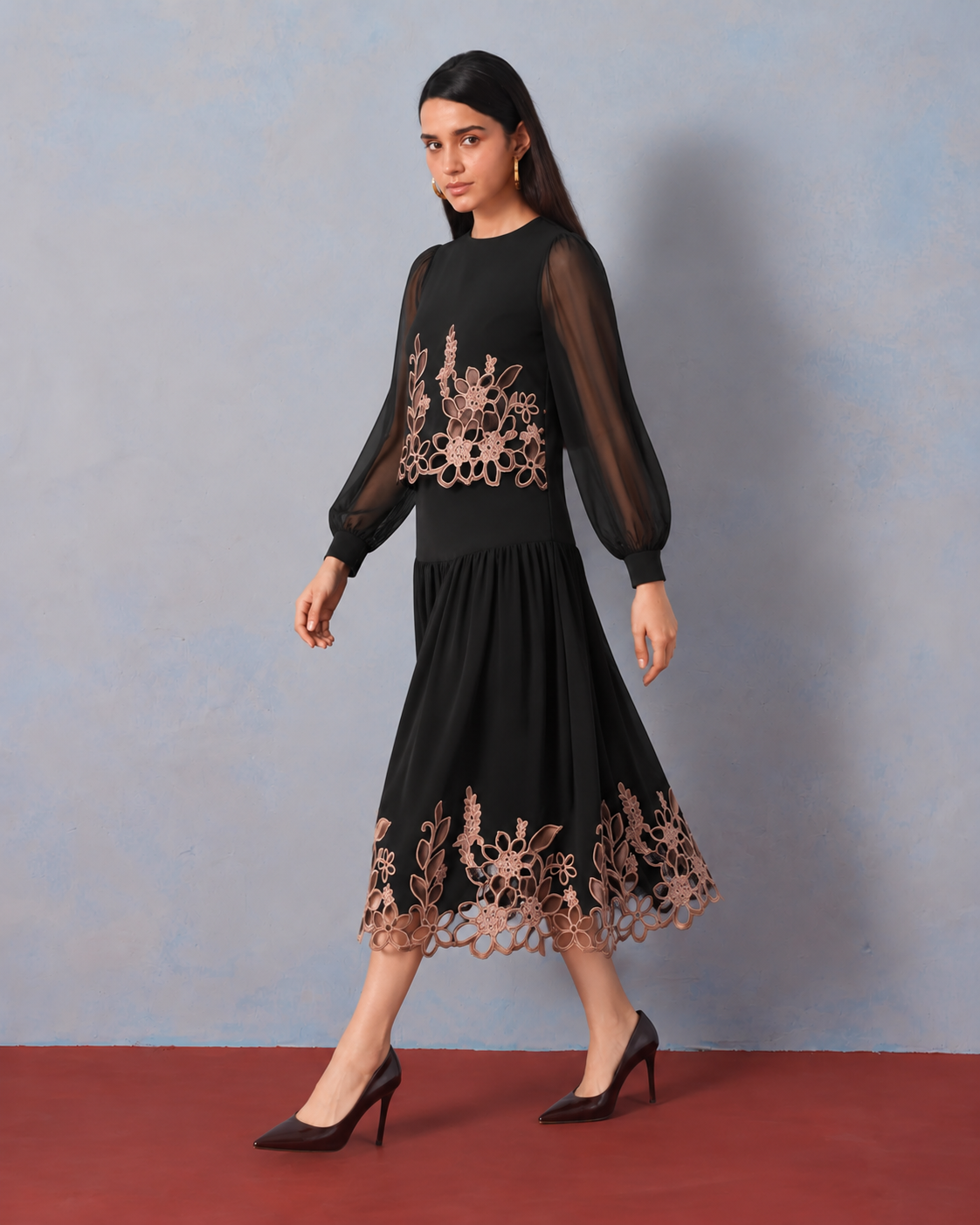The Vesper Noir Cutwork Embroidered Skirt Set