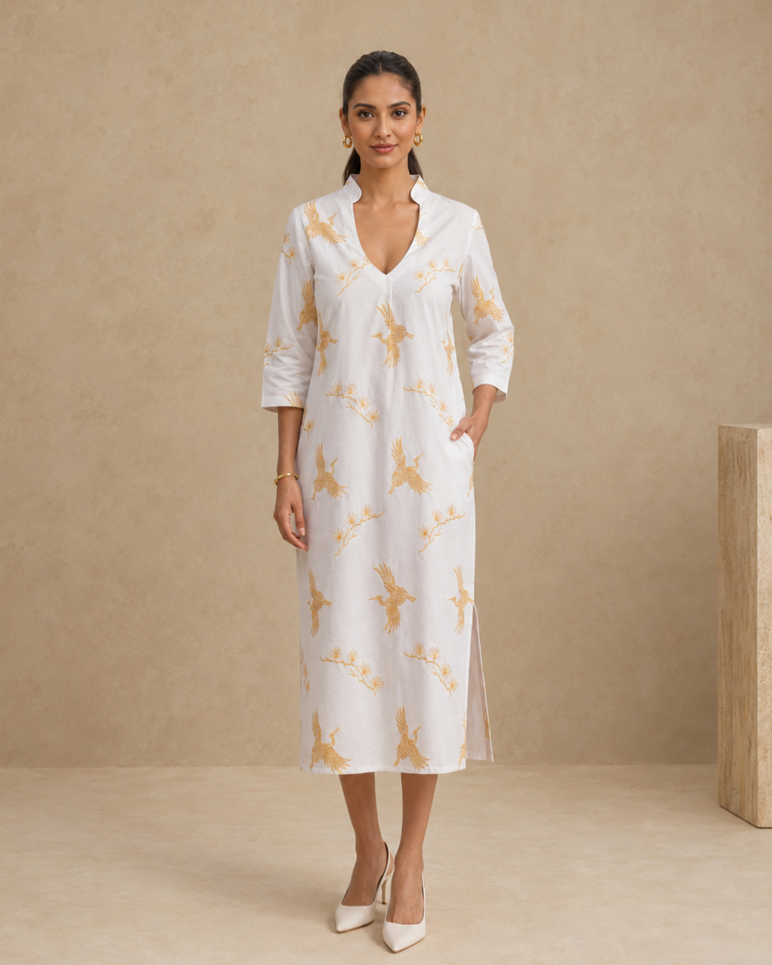 Sunset Soiree - The Gilded Crane White V-Neck Tunic Dress