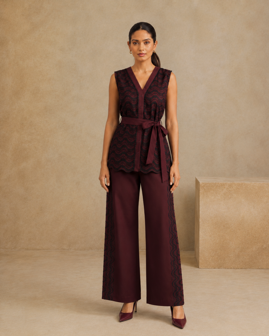 Sunset Soiree - The Merlot Wave Sleeveless Shirt & Trouser Set