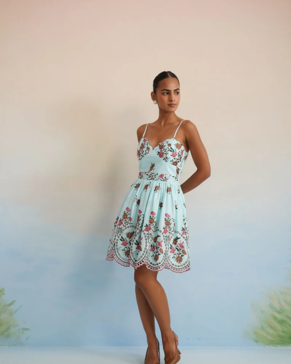 The Aqua Floral Embroidered Smocked Mini Dress