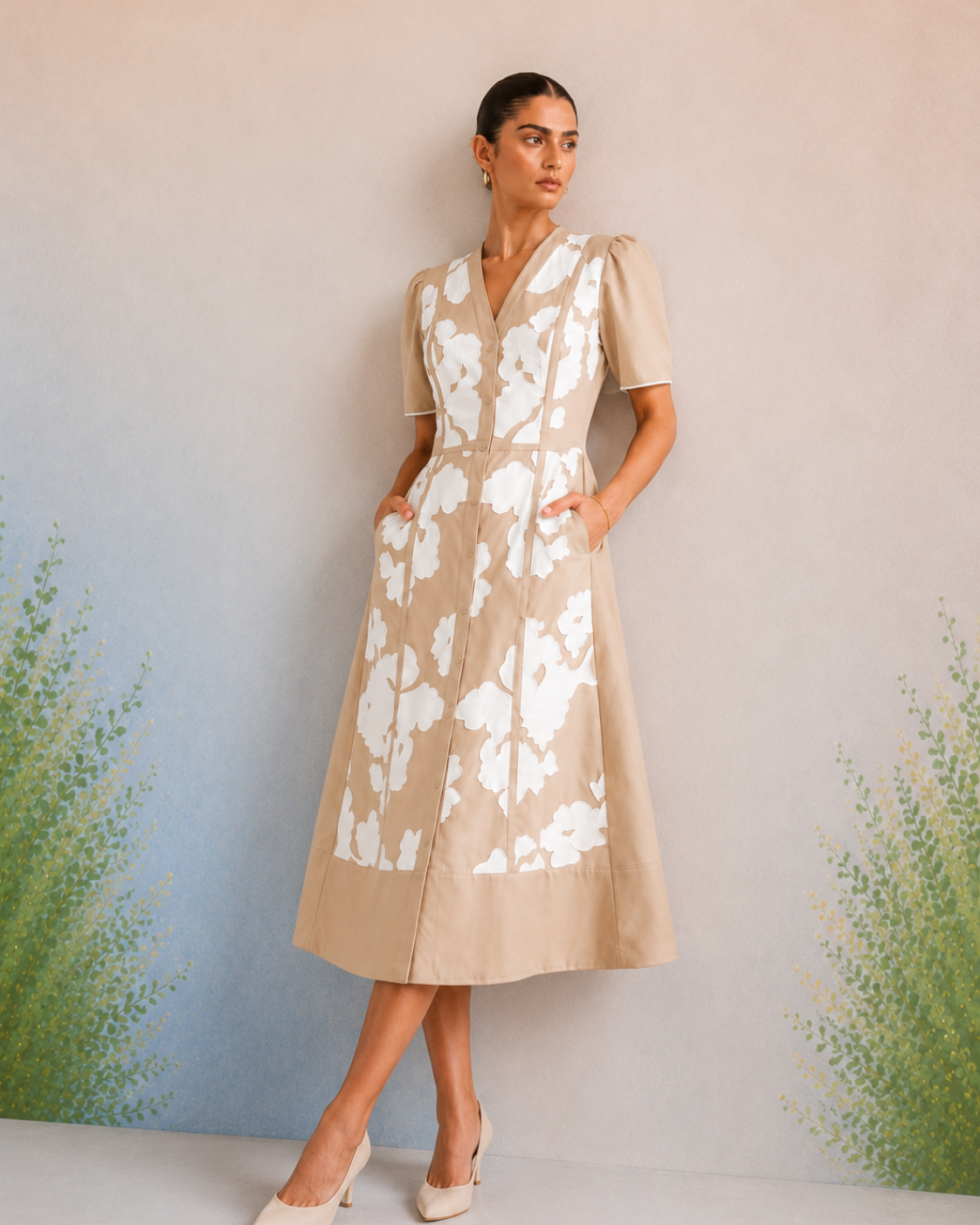 Bulevar Blossom - The Vienna Beige Appliqué Midi Dress