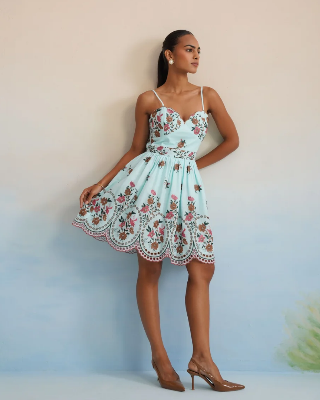 The Aqua Floral Embroidered Smocked Mini Dress