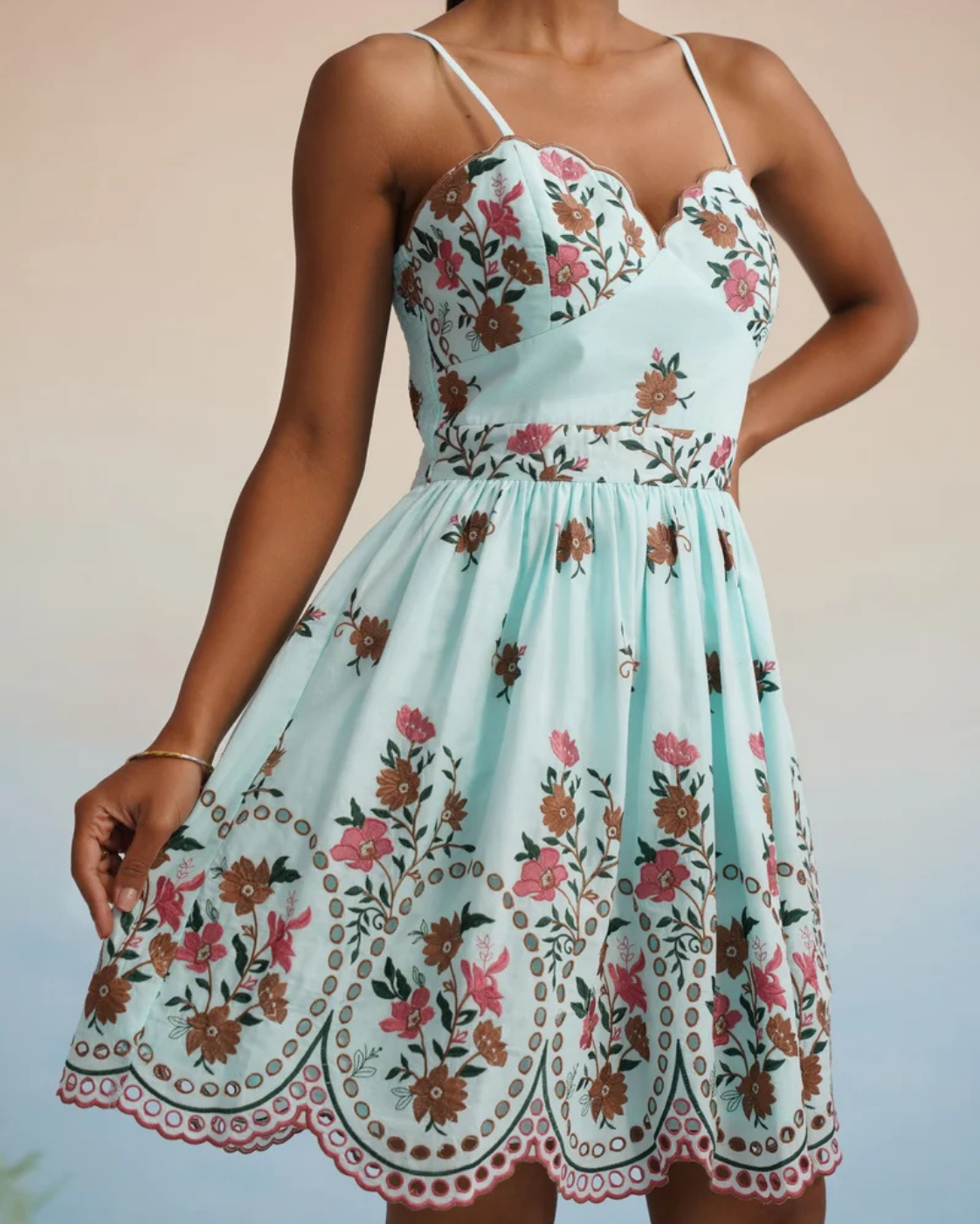 The Aqua Floral Embroidered Smocked Mini Dress