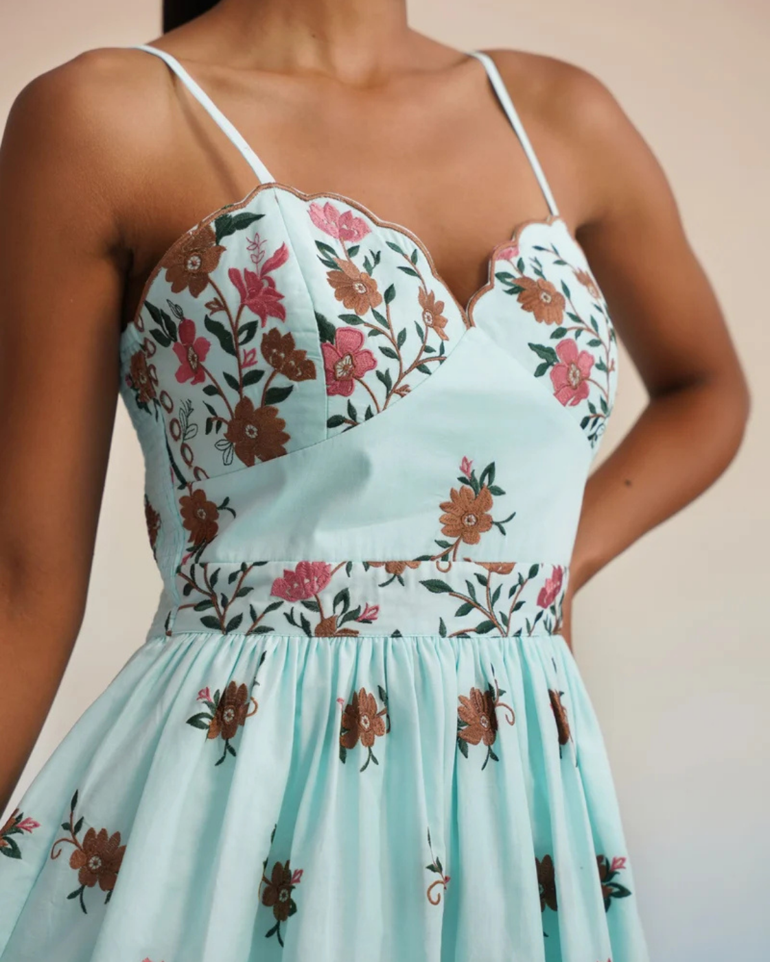 The Aqua Floral Embroidered Smocked Mini Dress