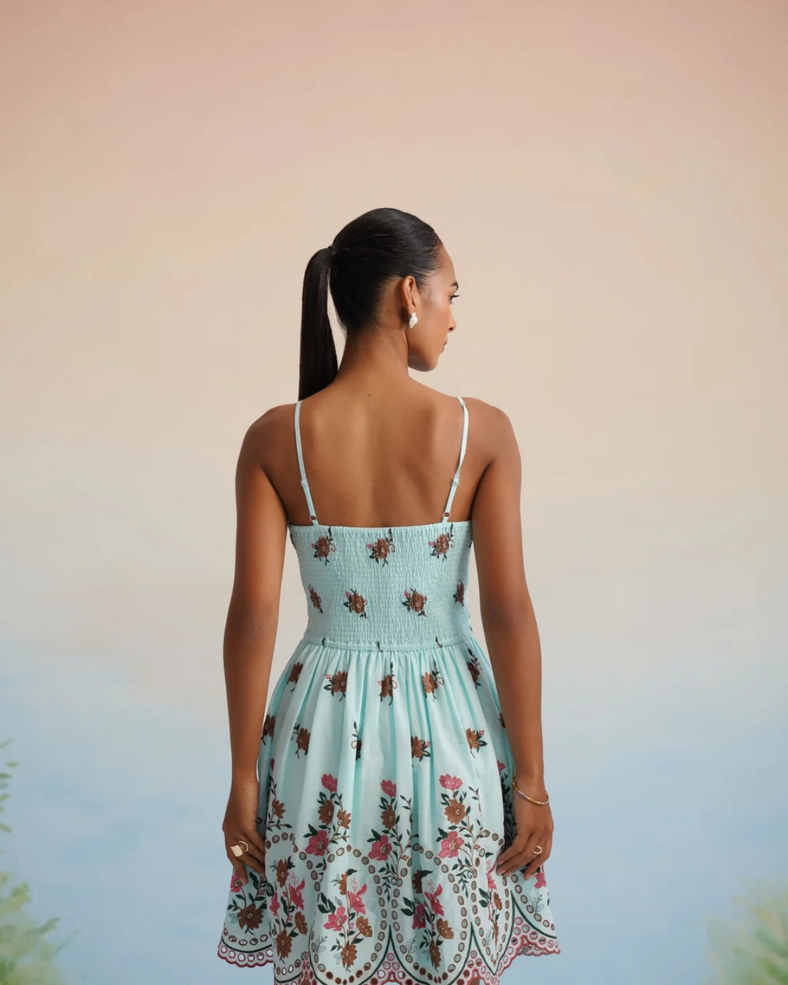 The Aqua Floral Embroidered Smocked Mini Dress