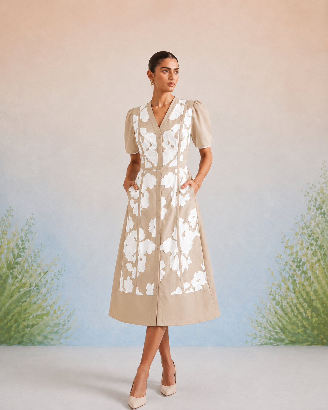 The Vienna Beige Appliqué Midi Dress