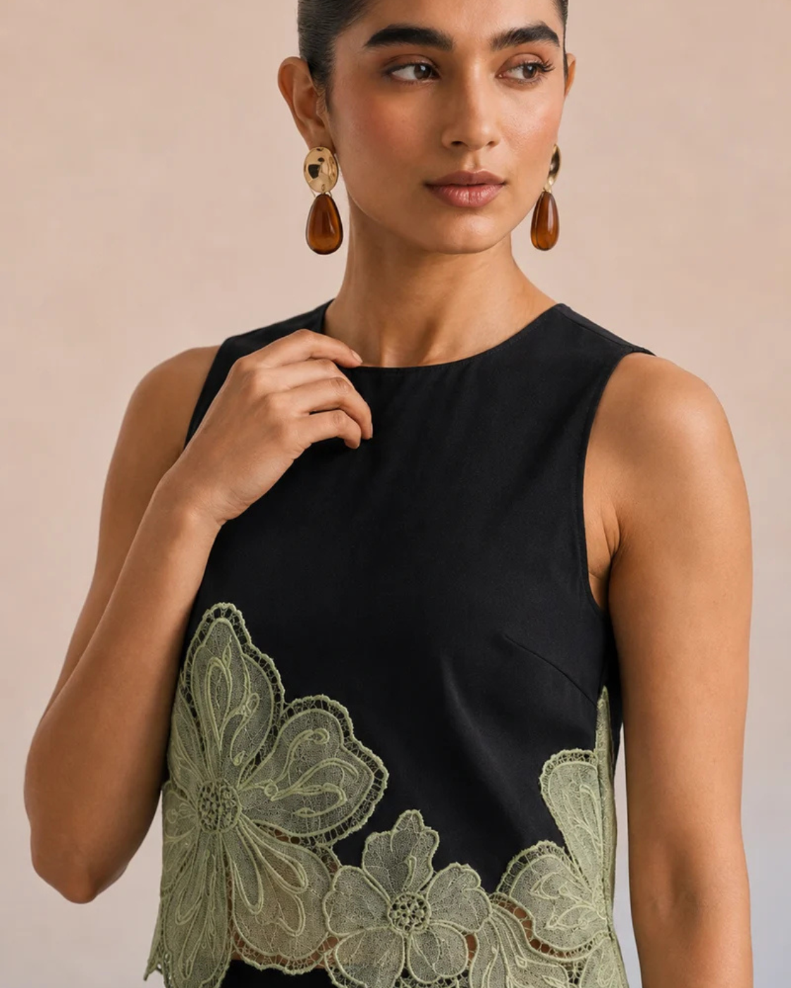 The Milan Noir & Sage Appliqué Skirt Set