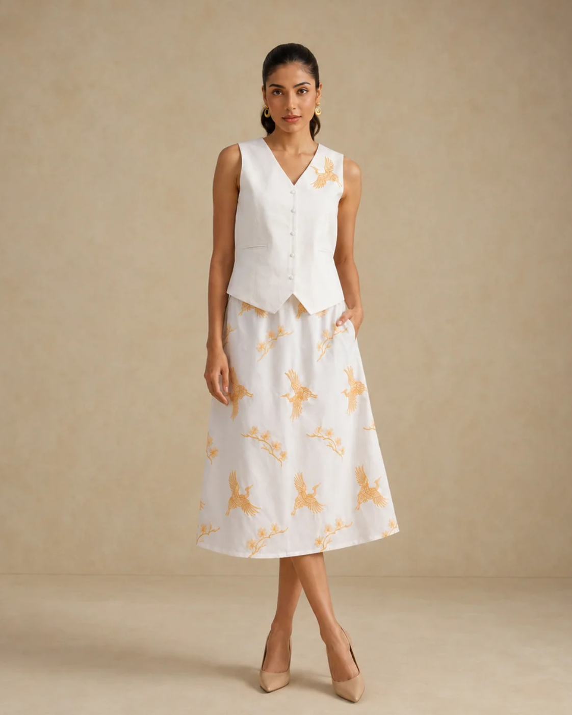 The Gilded Crane White Waistcoat & Skirt Set