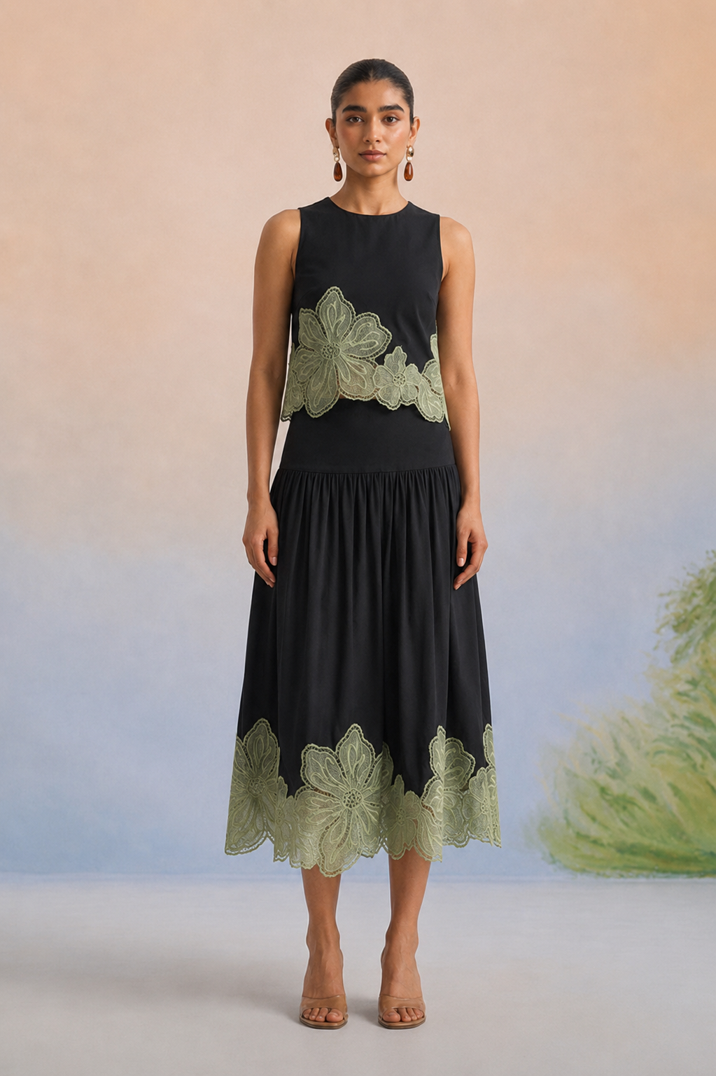 The Milan Noir & Sage Appliqué Skirt Set