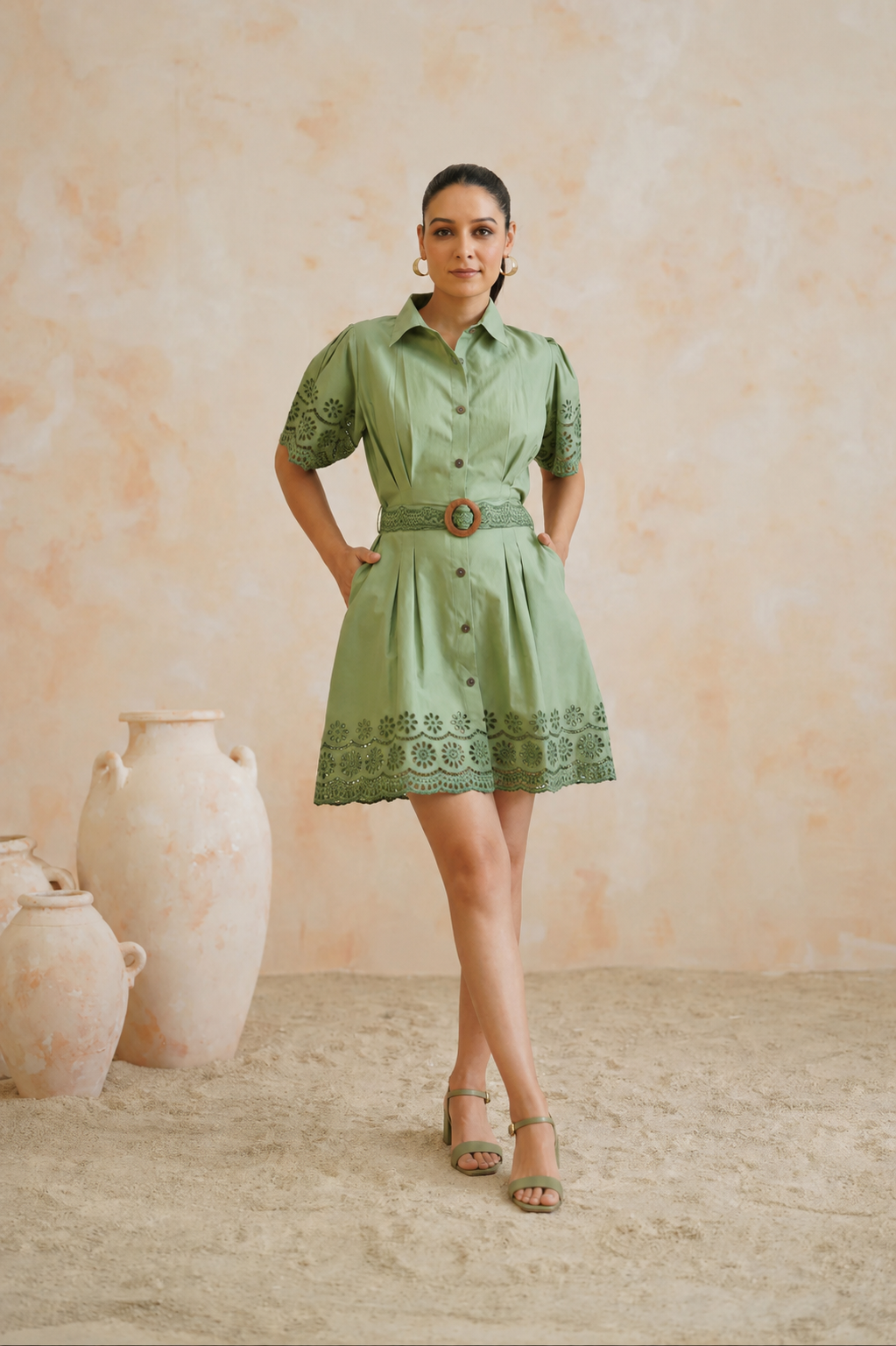 The Willow Green Eyelet Belted Mini Dress