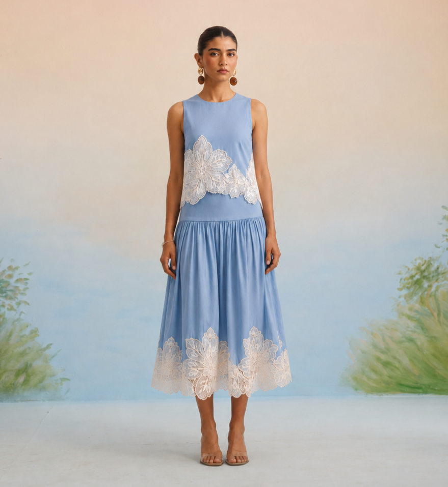 Bulevar Blossom - The Celeste Powder Blue Appliqué Skirt Set