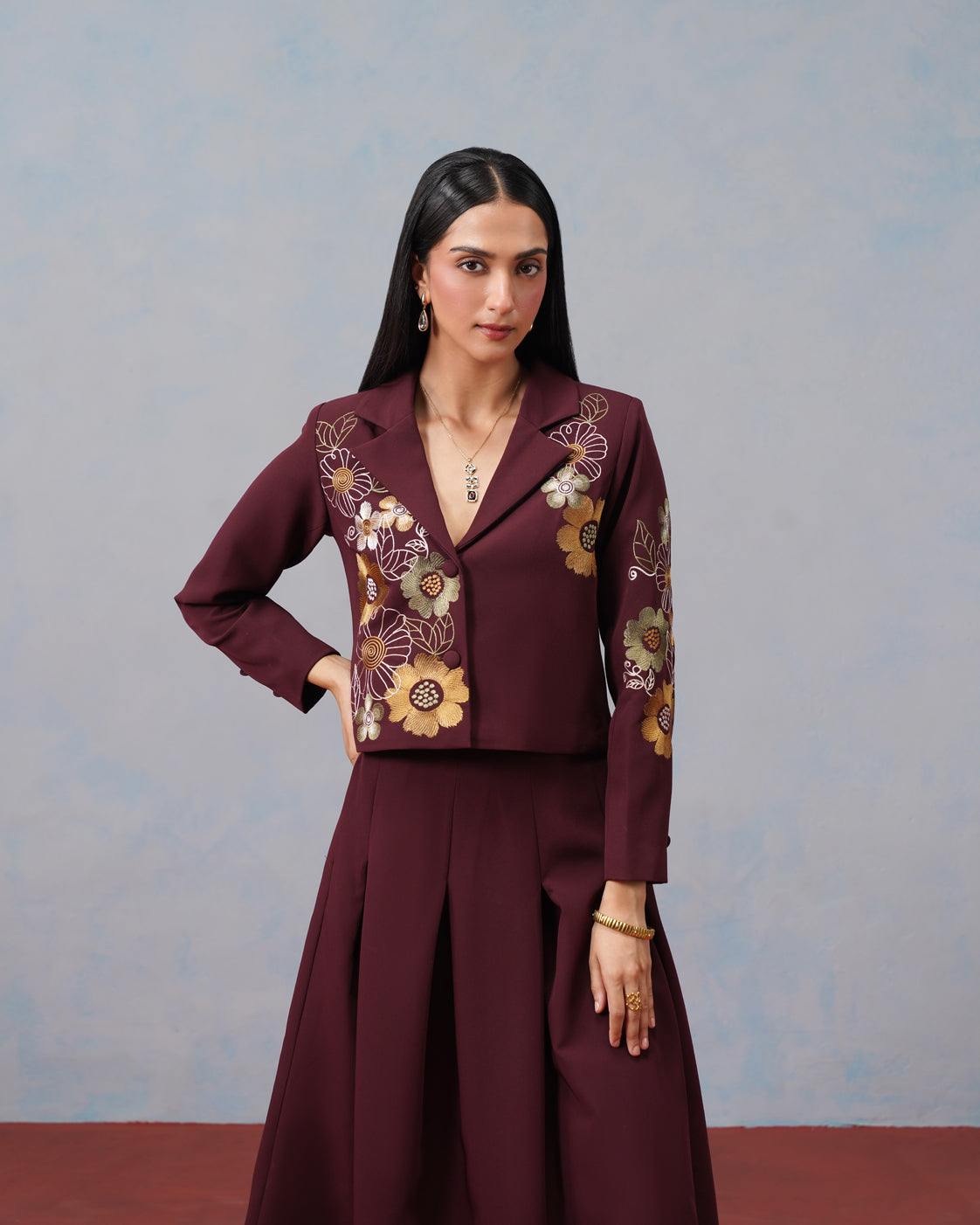 The Lumière Edit - The Valentina Burgundy Embroidered Blazer & Pleated Skirt Set