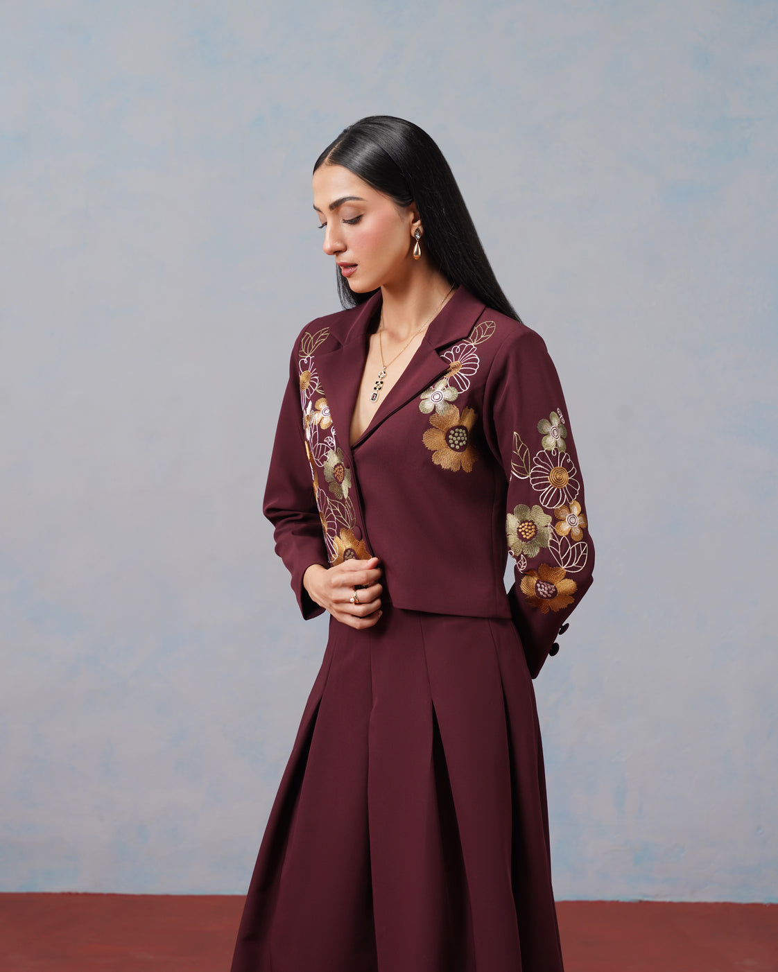 The Lumière Edit - The Valentina Burgundy Embroidered Blazer & Pleated Skirt Set