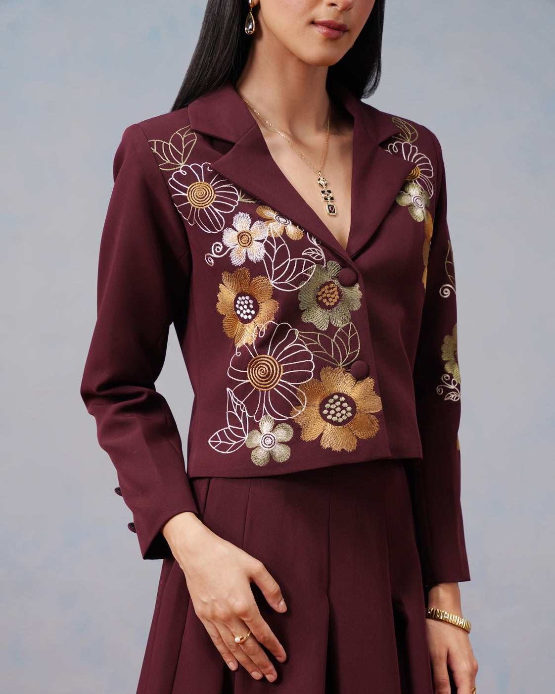 The Lumière Edit - The Valentina Burgundy Embroidered Blazer & Pleated Skirt Set