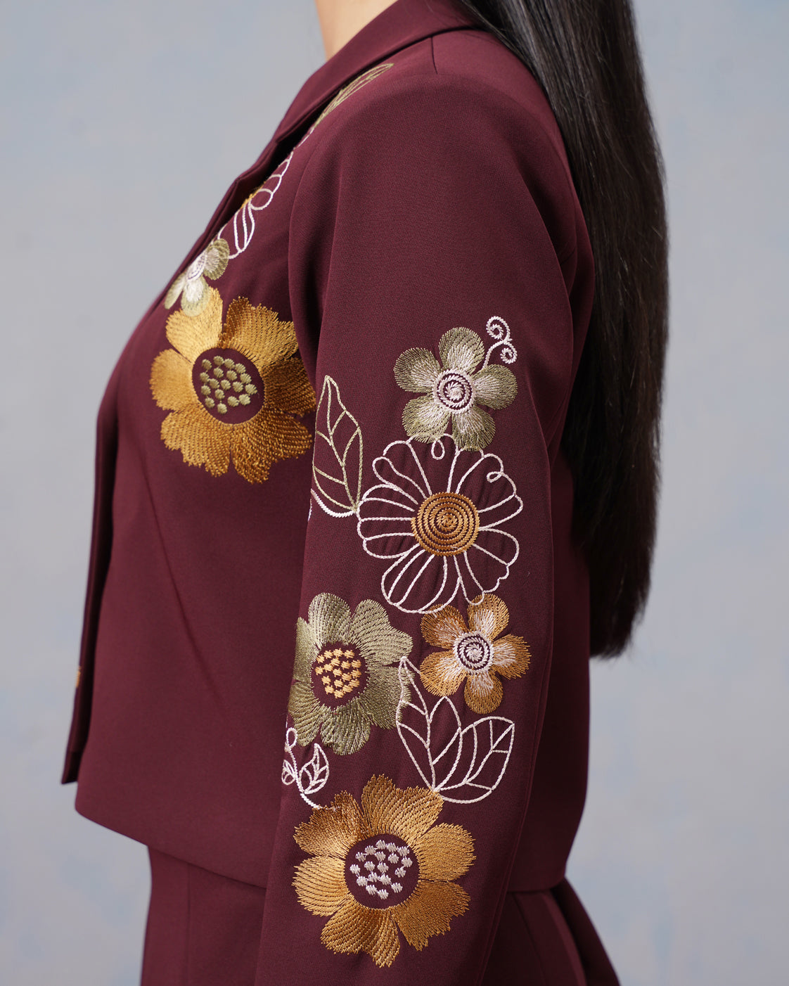 The Lumière Edit - The Valentina Burgundy Embroidered Blazer & Pleated Skirt Set