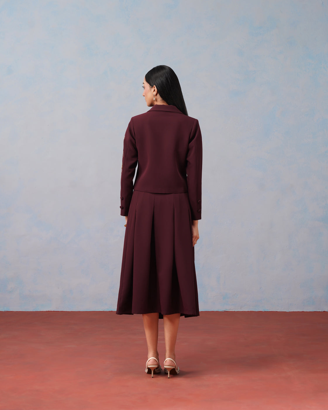 The Lumière Edit - The Valentina Burgundy Embroidered Blazer & Pleated Skirt Set