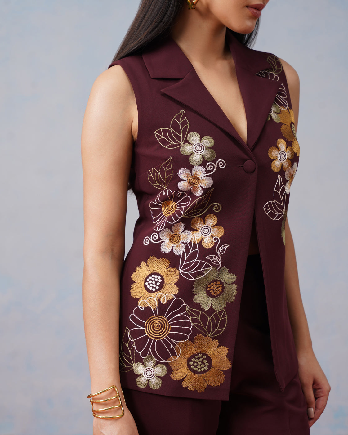 The Lumière Edit - The Genevieve Burgundy Embroidered Sleeveless Blazer & Flared Trouser Set