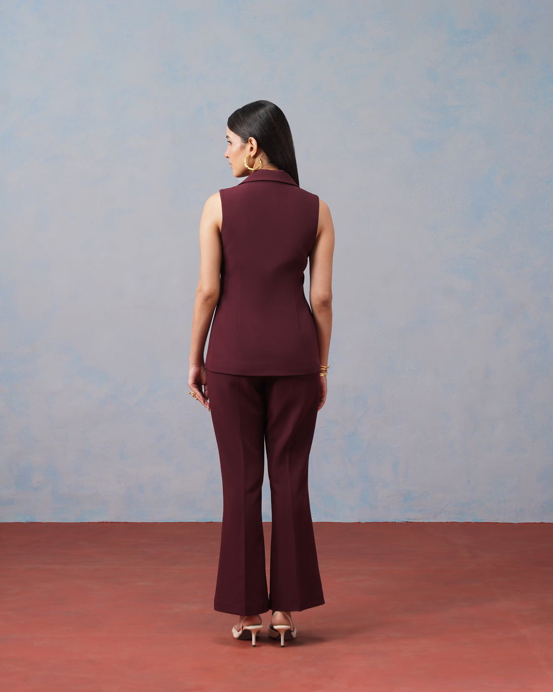 The Lumière Edit - The Genevieve Burgundy Embroidered Sleeveless Blazer & Flared Trouser Set