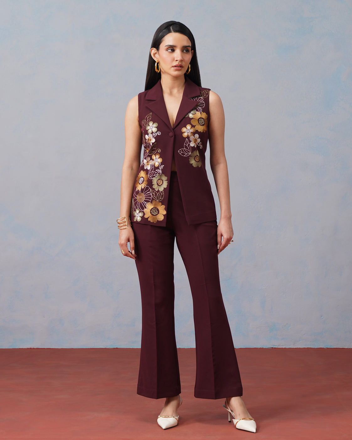 The Lumière Edit - The Genevieve Burgundy Embroidered Sleeveless Blazer & Flared Trouser Set