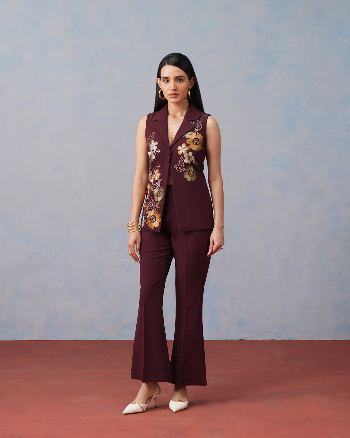 The Lumière Edit - The Genevieve Burgundy Embroidered Sleeveless Blazer & Flared Trouser Set