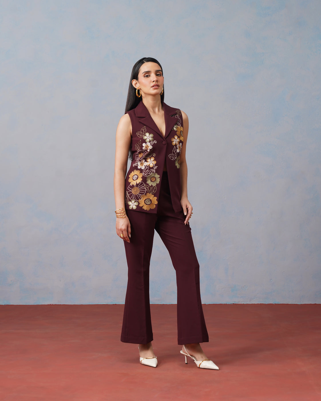 The Lumière Edit - The Genevieve Burgundy Embroidered Sleeveless Blazer & Flared Trouser Set