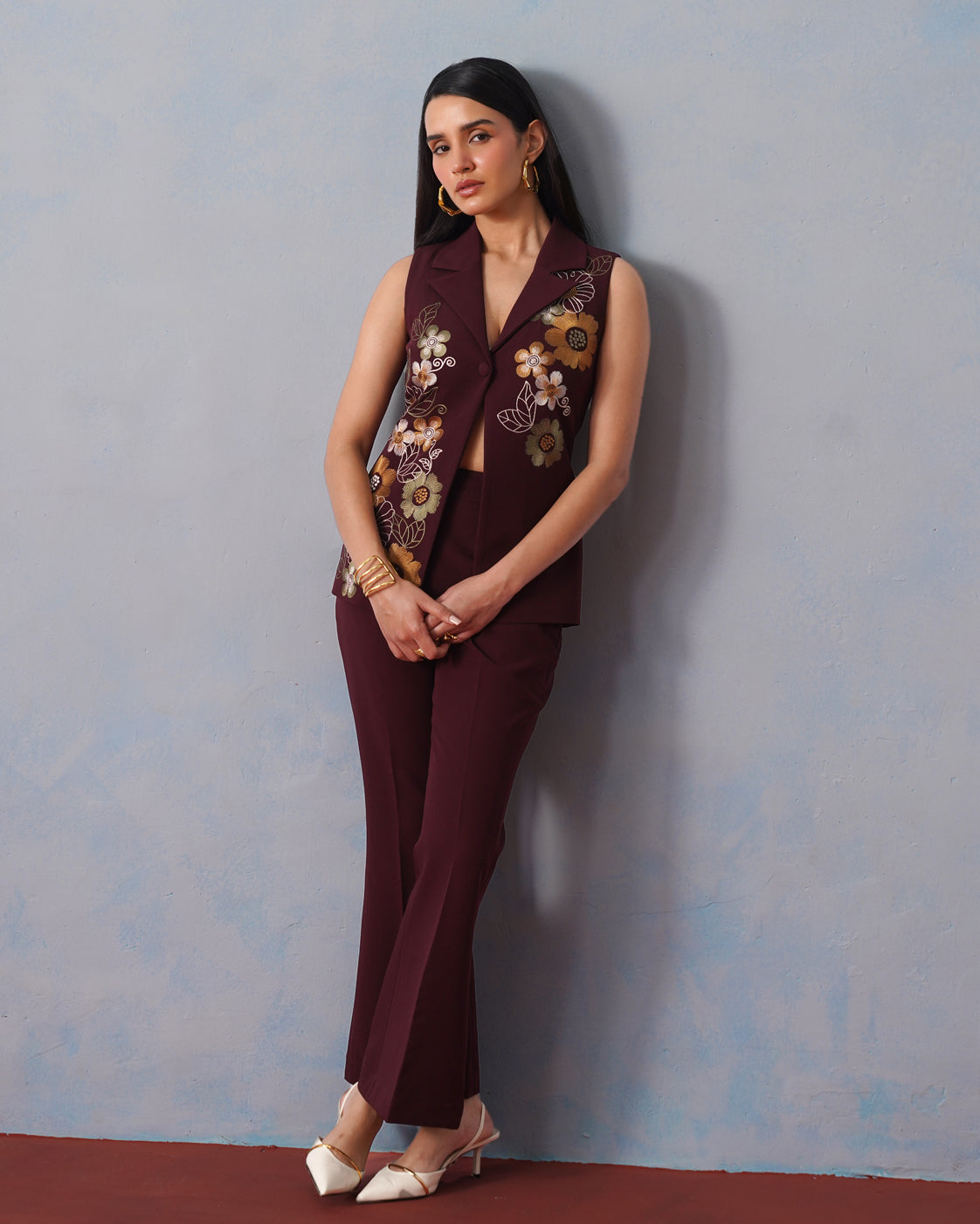 The Lumière Edit - The Genevieve Burgundy Embroidered Sleeveless Blazer & Flared Trouser Set