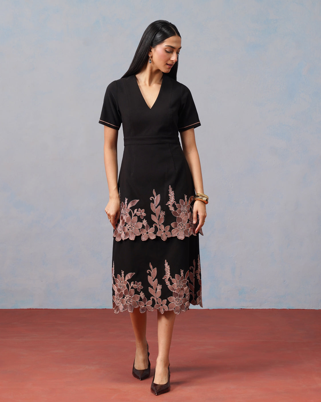 The Lumière Edit - The Seraphina Bronze Floral Tiered Midi Dress