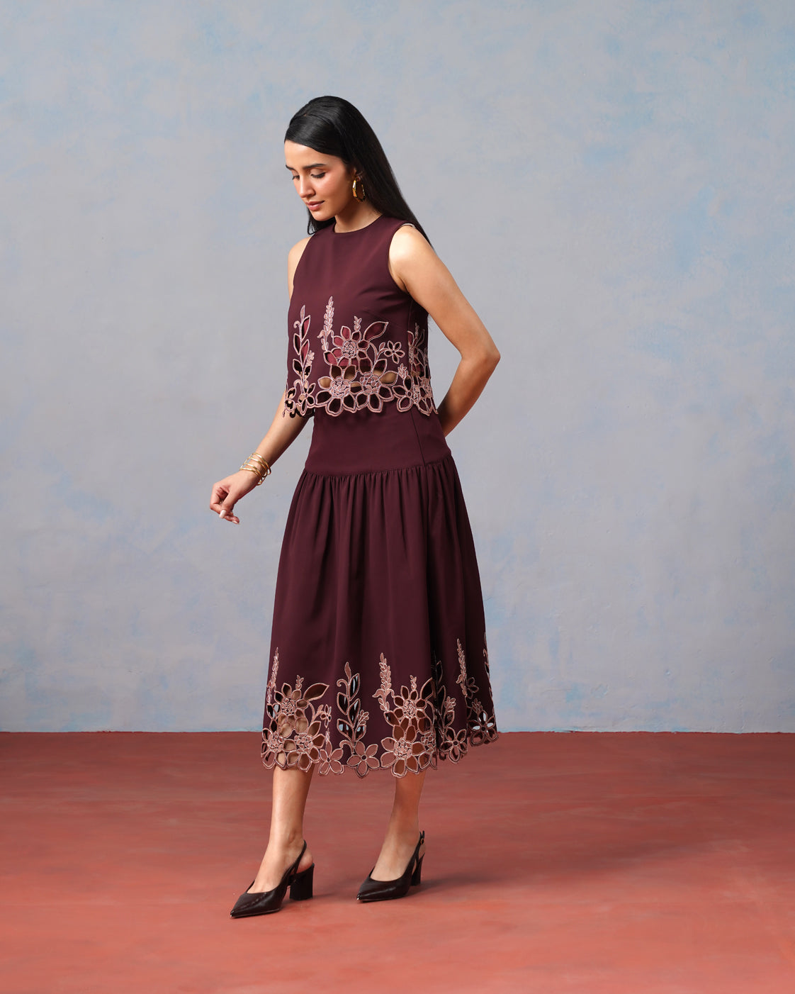 The Lumière Edit - The Amara Burgundy Floral Cutwork Skirt Set
