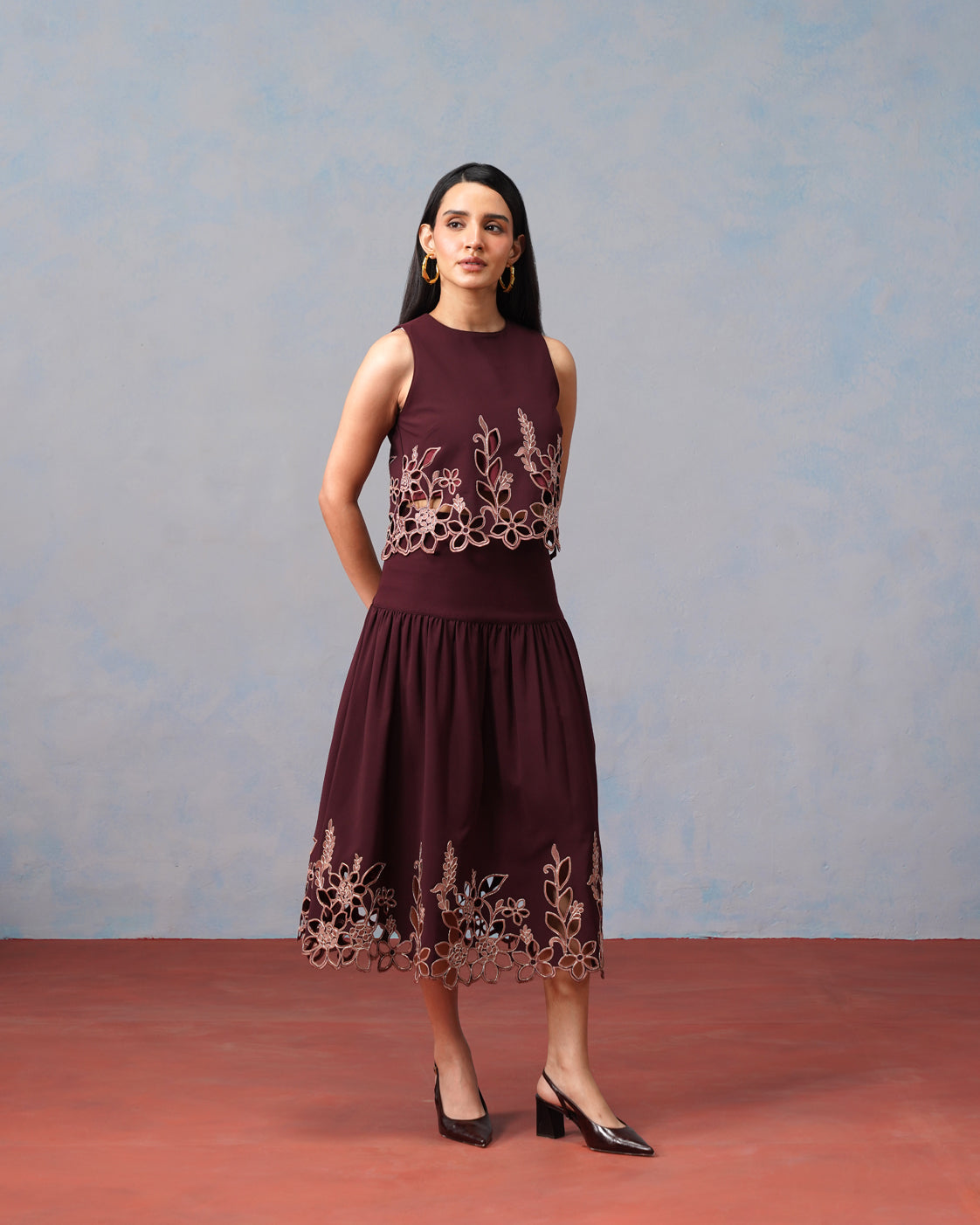 The Lumière Edit - The Amara Burgundy Floral Cutwork Skirt Set
