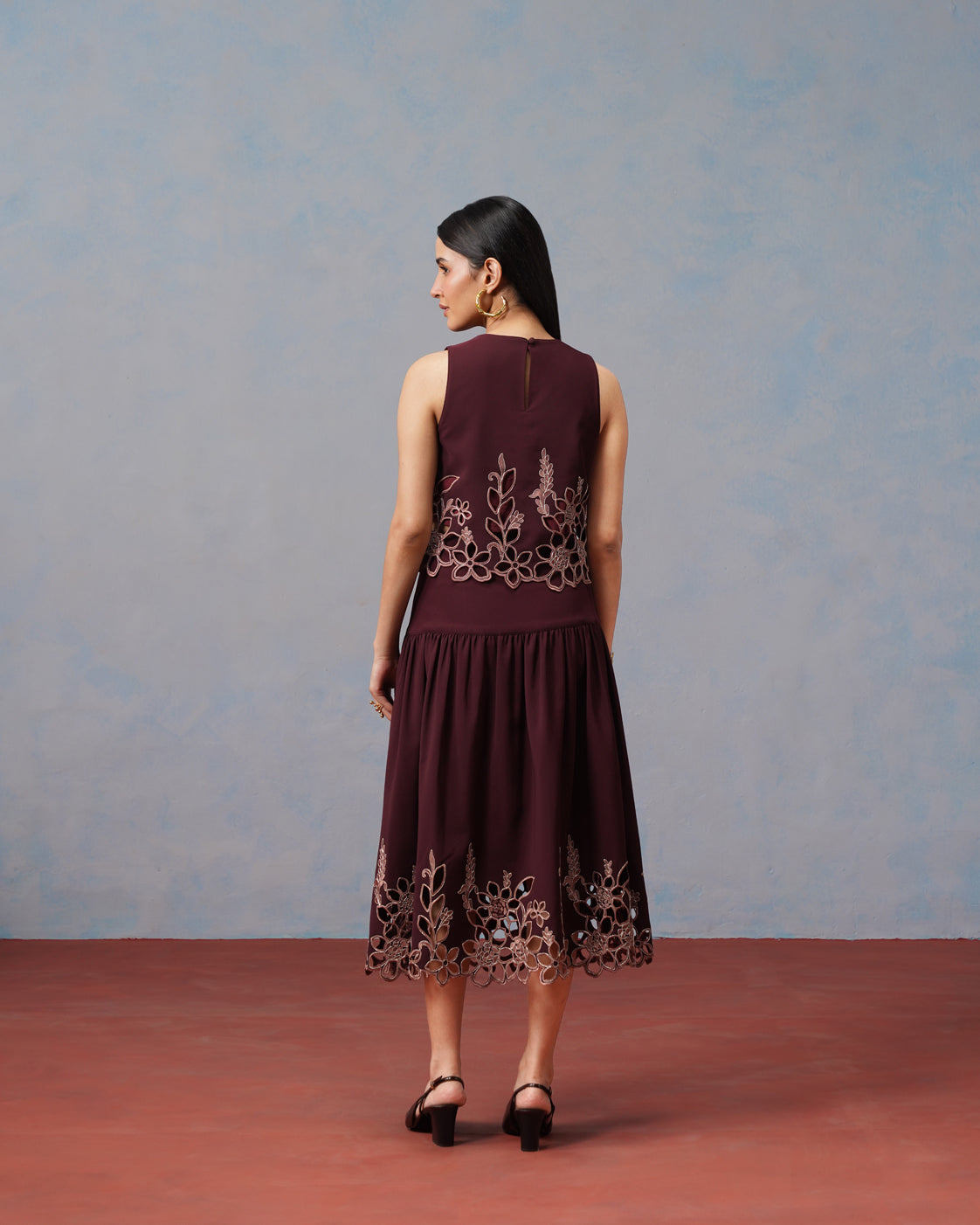 The Lumière Edit - The Amara Burgundy Floral Cutwork Skirt Set