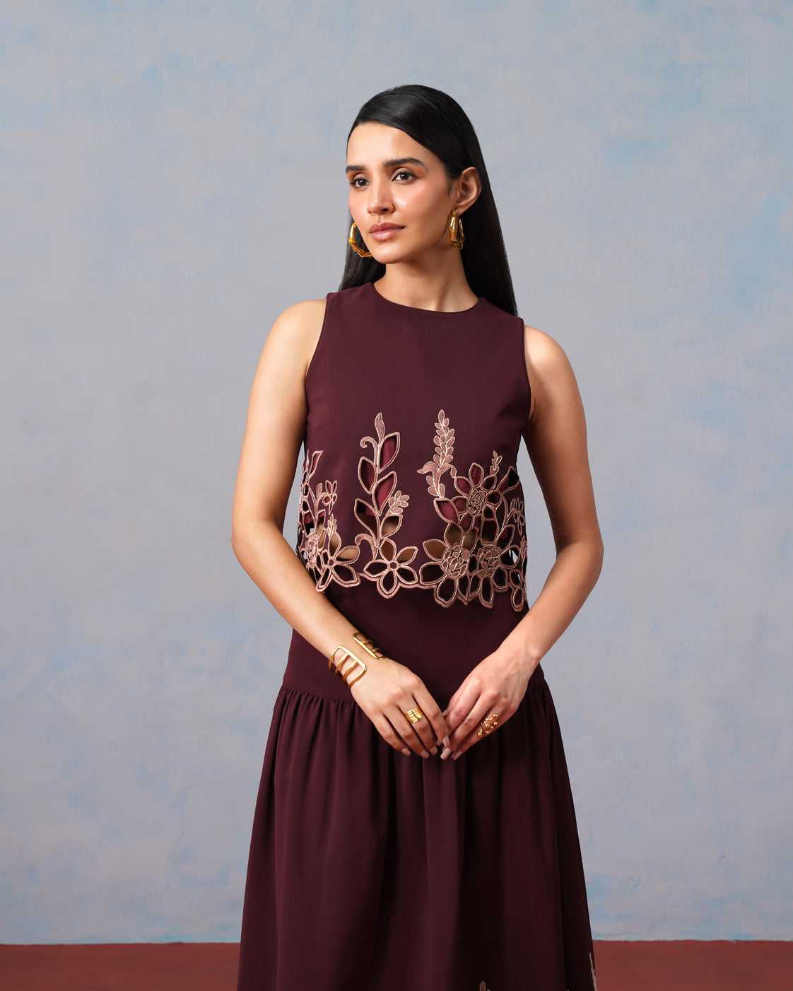 The Lumière Edit - The Amara Burgundy Floral Cutwork Skirt Set