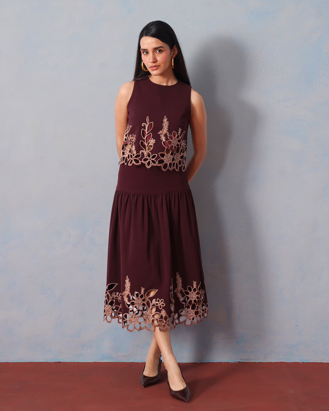 The Lumière Edit - The Amara Burgundy Floral Cutwork Skirt Set