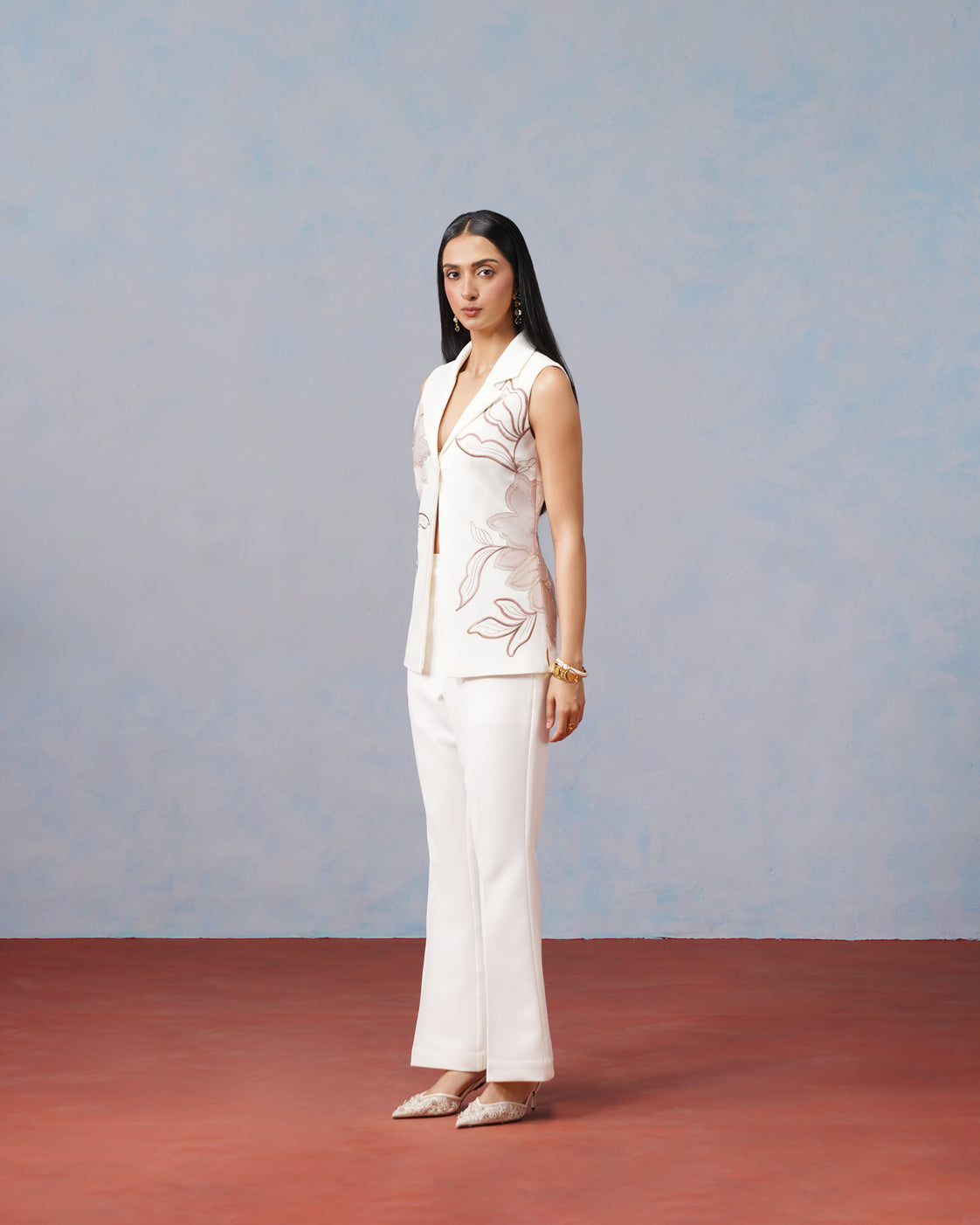 The Lumière Edit - The Liora Asymmetric Embroidered Sleeveless Blazer & Flared Pant Suit