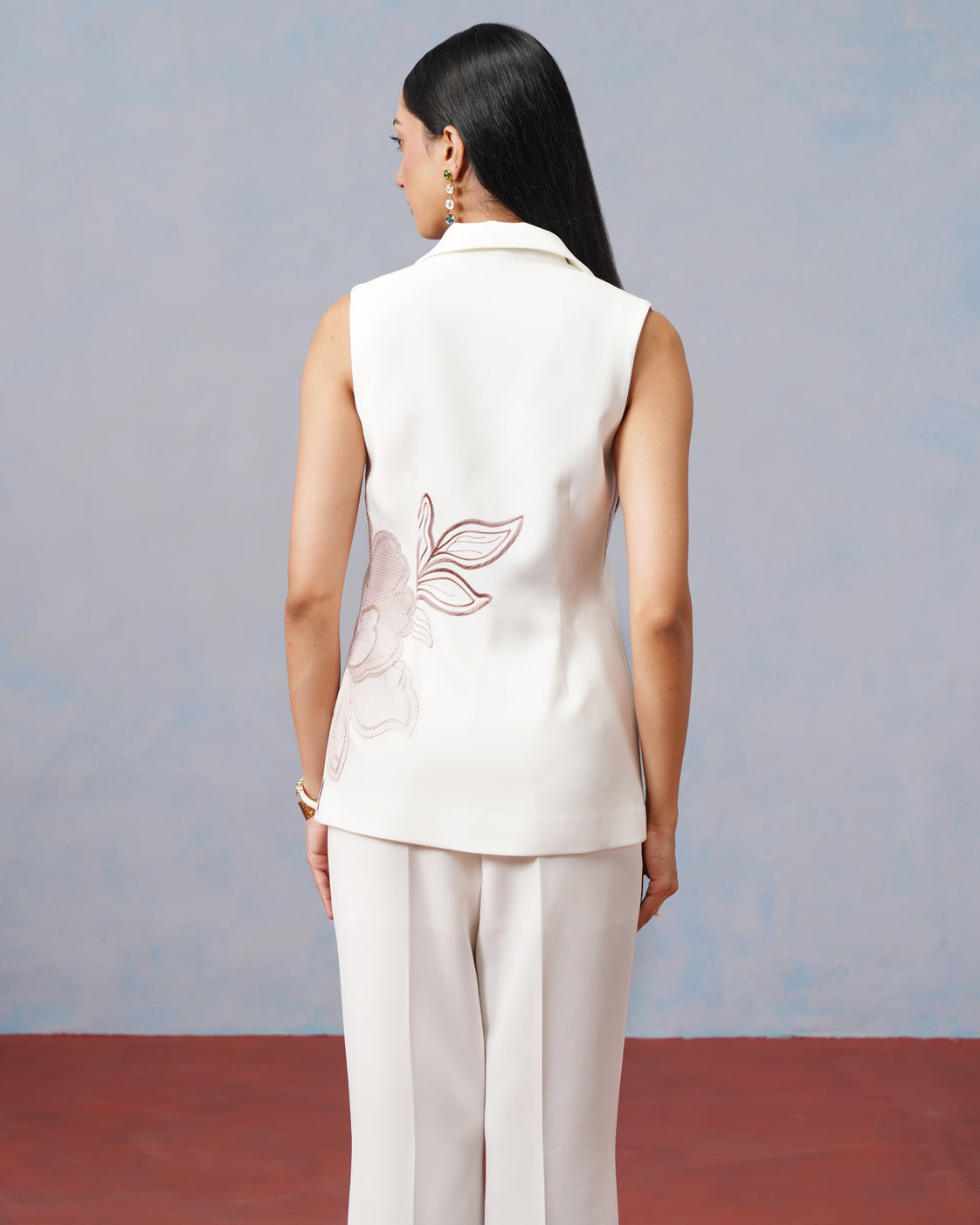 The Lumière Edit - The Liora Asymmetric Embroidered Sleeveless Blazer & Flared Pant Suit