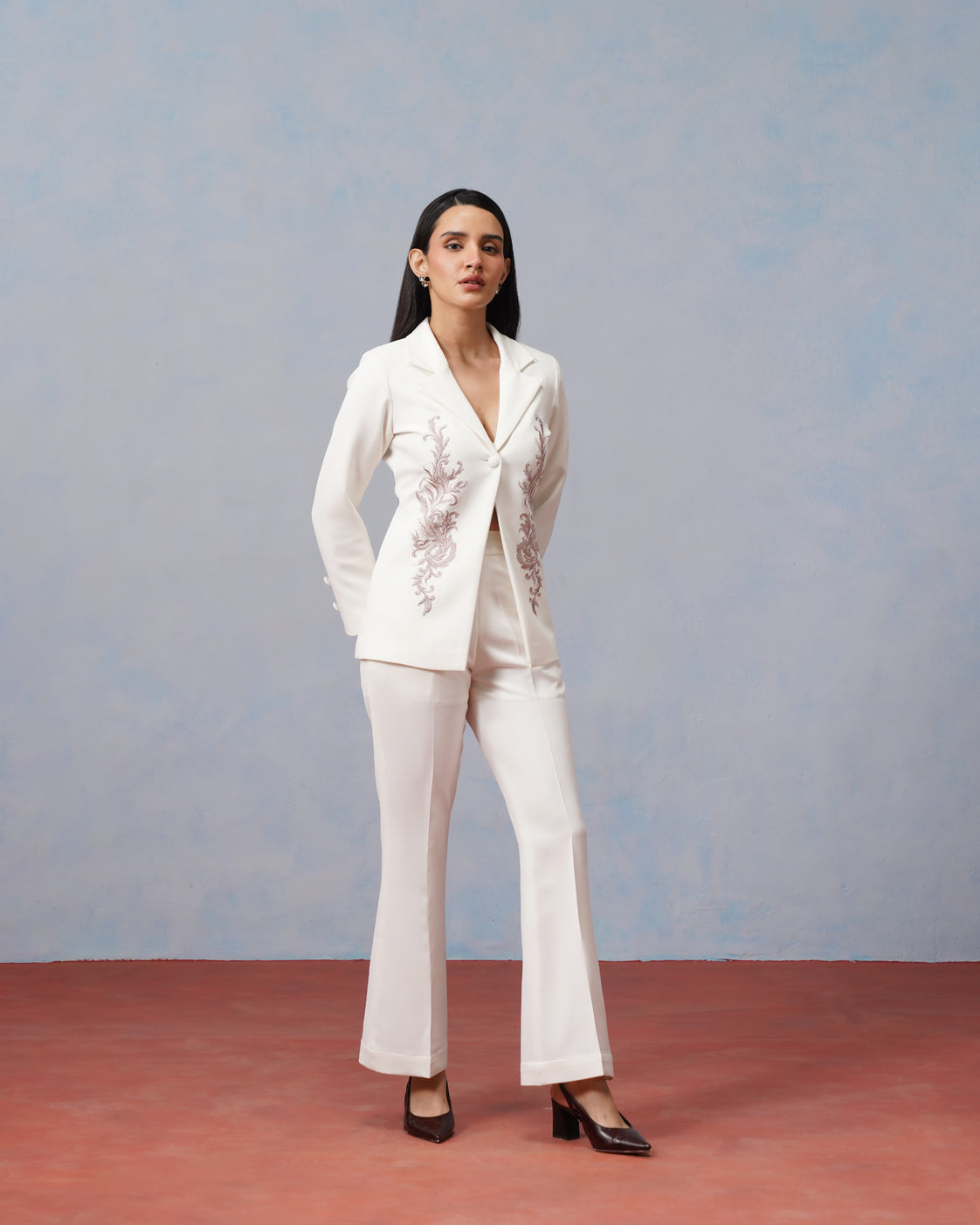 The Lumière Edit - The Celeste Ivory Baroque Embroidered Blazer & Flared Trouser Set