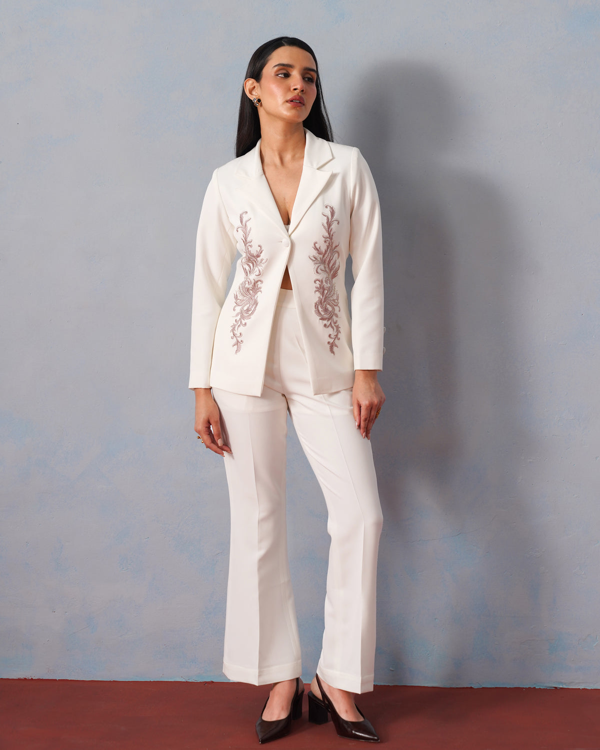 The Lumière Edit - The Celeste Ivory Baroque Embroidered Blazer & Flared Trouser Set
