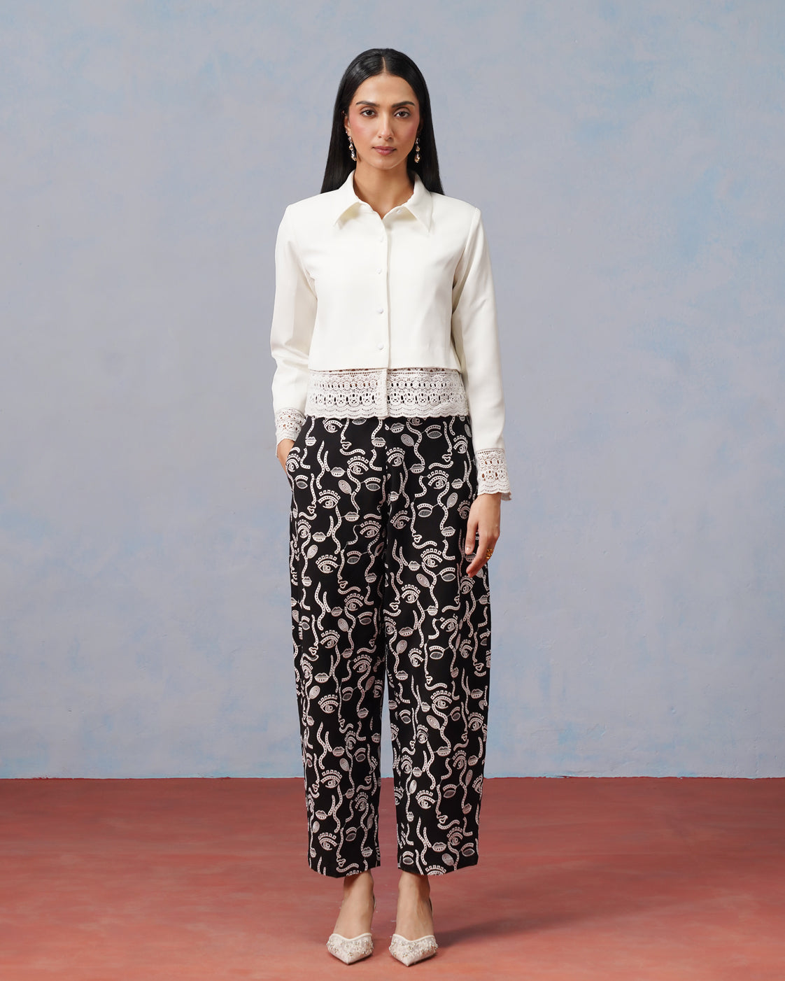 The Lumière Edit - The Nova Lace-Trimmed Cropped Shirt & Abstract Embroidered Trouser Set