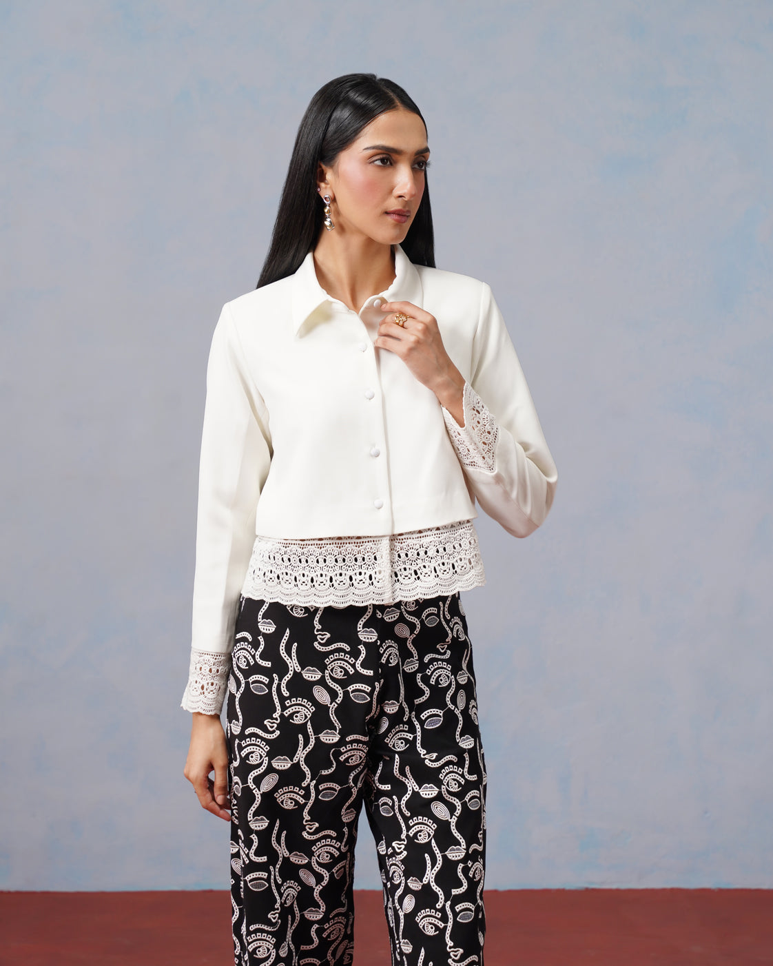 The Lumière Edit - The Nova Lace-Trimmed Cropped Shirt & Abstract Embroidered Trouser Set