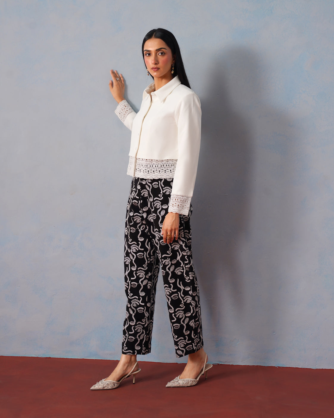 The Lumière Edit - The Nova Lace-Trimmed Cropped Shirt & Abstract Embroidered Trouser Set