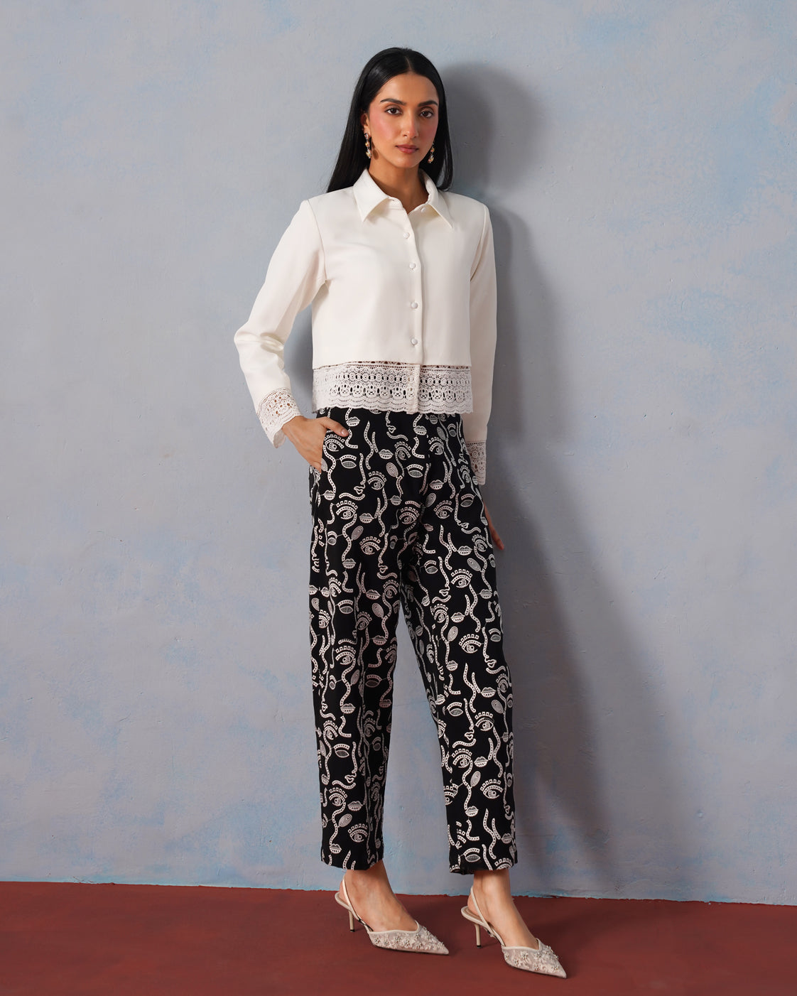 The Lumière Edit - The Nova Lace-Trimmed Cropped Shirt & Abstract Embroidered Trouser Set