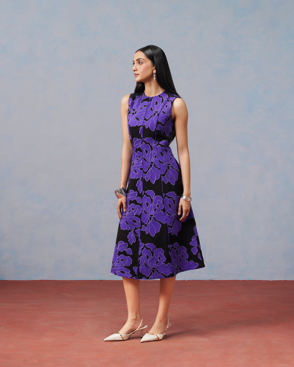 The Violette Crepe Appliqué A-Line Dress