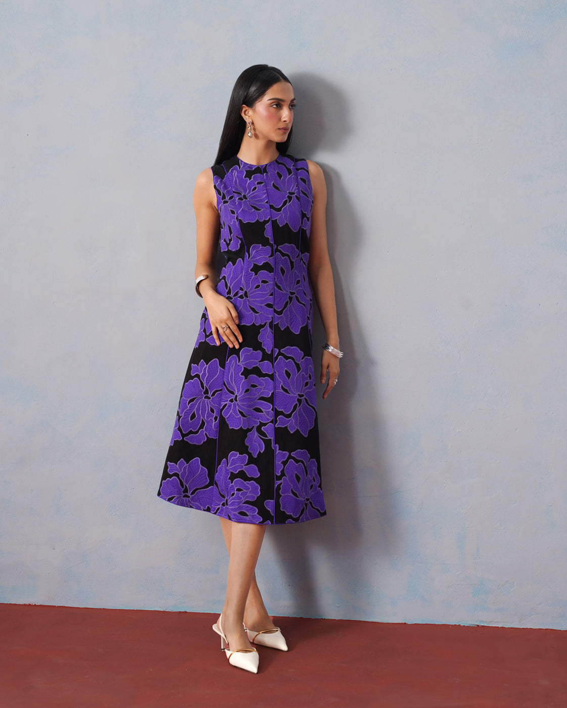 The Violette Crepe Appliqué A-Line Dress