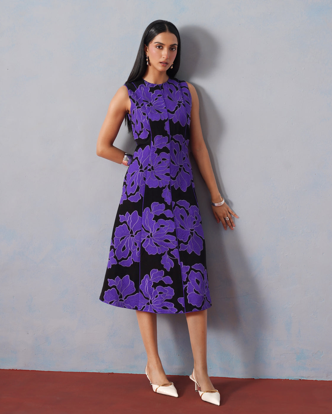 The Violette Crepe Appliqué A-Line Dress