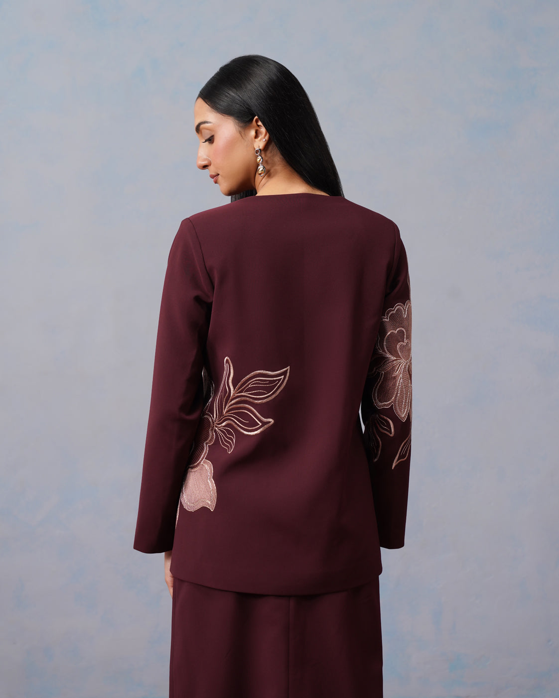 The Amara Burgundy Floral Embroidered Tie-Front Blazer & Skirt Set