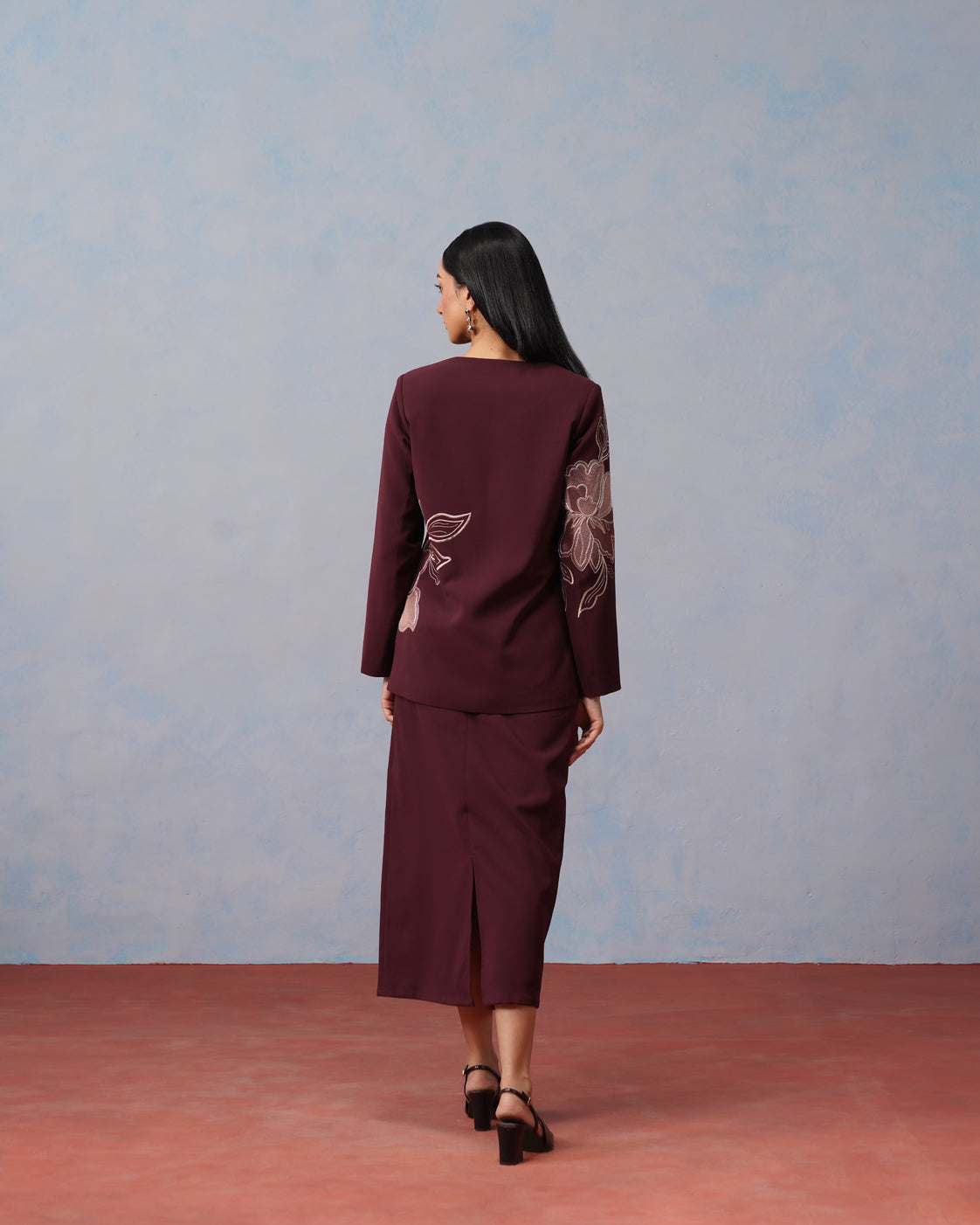 The Amara Burgundy Floral Embroidered Tie-Front Blazer & Skirt Set
