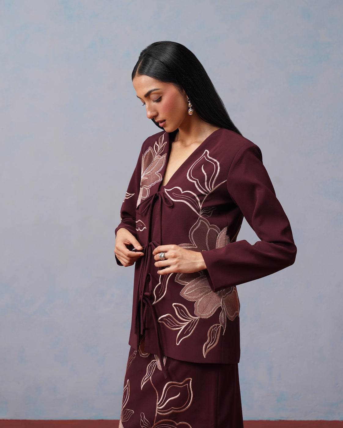 The Amara Burgundy Floral Embroidered Tie-Front Blazer & Skirt Set