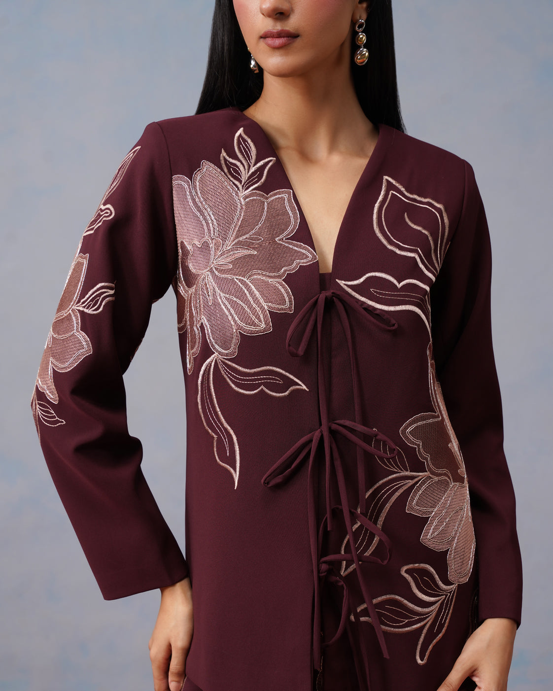 The Amara Burgundy Floral Embroidered Tie-Front Blazer & Skirt Set