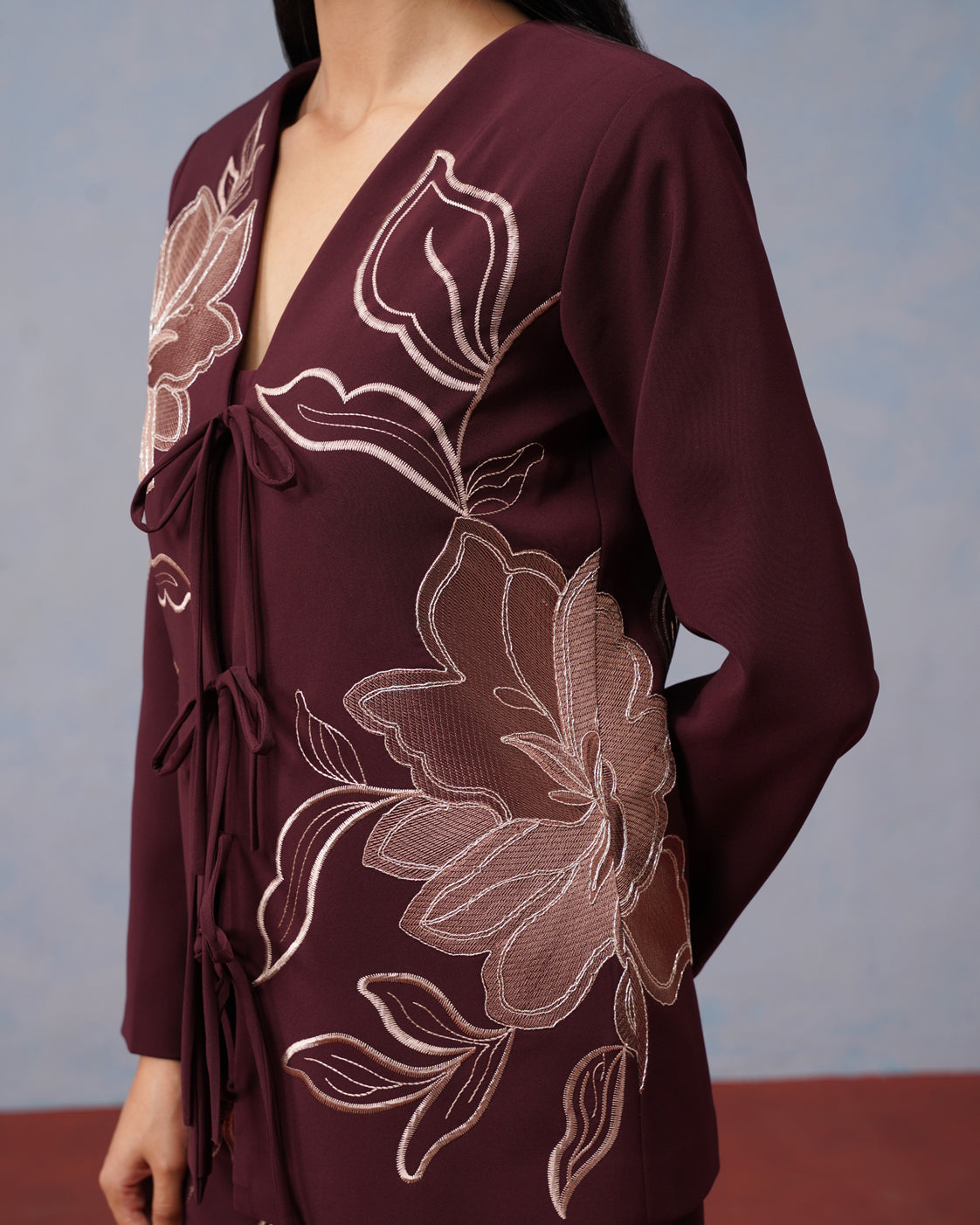 The Amara Burgundy Floral Embroidered Tie-Front Blazer & Skirt Set